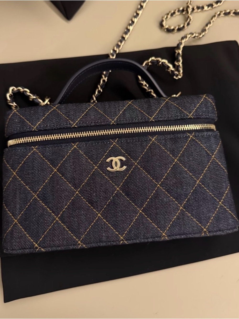 CHANEL Quilted Denim Top-Handle Shoulder Bag in Dark Blue with champagne hardwar